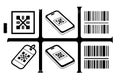 Black and white barcode icons and Q R codes on phone and tag Royalty Free Stock Photo