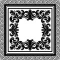 Black and white Baroque Damask ornamental vintage floral square frame, border seamless pattern with space for text. Element.