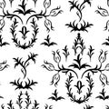 Black and white baroque pattern, damask pattern with floral ornament. Refined Victorian geometric seamless texture for fabric,