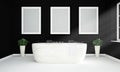 black and white bathroom with three blank hanging posters mockup