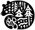 Black and White Bear with Forest and Paw Print Design Royalty Free Stock Photo