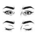 black and white beautiful female eyes set - open and closed. Makeup blank template vector Royalty Free Stock Photo