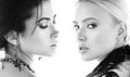 Black and white beauty portrait of two young women. The blonde and the brunette Royalty Free Stock Photo