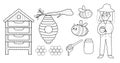 Black and white bee and honey elements set. Beekeeper girl holding a jar with honey