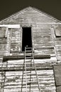 Black and White) Bent ladder reaches to a granary door