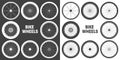 Black and white bicycle wheel symbols. Bike rubber tyre silhouettes. Fitness cycle, road and mountain bike. Vector Royalty Free Stock Photo