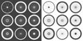 Black and white bicycle wheel symbols collection. Bike rubber tyre silhouettes. Fitness cycle, road and mountain bike Royalty Free Stock Photo