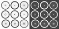 Black and white bicycle wheel symbols collection. Bike rubber tyre silhouettes. Fitness cycle, road and mountain bike Royalty Free Stock Photo