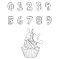 Black and white birthday party cake and stylized numbers. Illustration can be used for coloring book and pictures for children