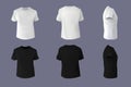 Black and white blank t-shirt mockup. Front, back and side view, sport short sleeve empty print, blank men clothes Royalty Free Stock Photo