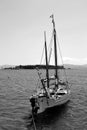 Black and white boat in the sea at Eretria Euboea Greece