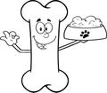 Black And White Bone Cartoon Mascot Character Holding A Dog Food In Red Bowl Dish