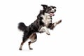 Black and white border collie jumping, isolated on white background. AI generated Royalty Free Stock Photo