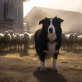 Black and white border collie standing in front of flock of sheep