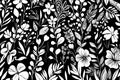Black and white botanical doodle pattern with intricate floral arrangements and playful abstract elements Royalty Free Stock Photo