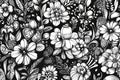 Black and white botanical doodle pattern with intricate floral arrangements and playful abstract elements Royalty Free Stock Photo