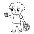 Black and white boy with reusable cup and net shopper icon. Cute line eco friendly kid. Children ecological awareness illustration