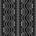 Black and white braided wave ropes vector seamless borders pattern. Hand drawn doodle ornament with stitching embroidery effect. Royalty Free Stock Photo