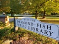 Entrance sign Welcome Desmond Fish Public Library, September 2021