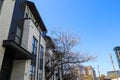 A black and white building with white cherry blossom trees and front surrounded by other buildings with blue sky in Atlanta Royalty Free Stock Photo