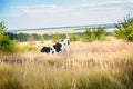 Black and white bull on a field in the grass. Year of the bull. Symbol of 2021 Royalty Free Stock Photo