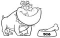 Black And White Bulldog Cartoon Character With Bowl And Bone.