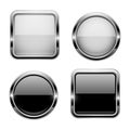 Black and white buttons with chrome frame. Round and square glass shiny 3d icons Royalty Free Stock Photo