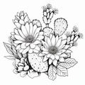 Black And White Cactus Flowers Coloring Pages: Layered Composition With Floral Accents