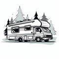 Streamlined Design: Black And White Camper Illustration In The Forest