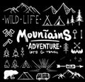 Black and white camping collection of icon made with ink and brush. Doodle style. Hand drawn set of adventure items Royalty Free Stock Photo