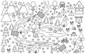 Black and white camping map. Summer camp background. Vector nature clip art, infographic outline elements or coloring page with