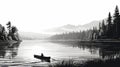 Black And White Canoeing Illustration In Whistlerian Style