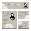 Black-white cards template for knitting school, yarn shop. Flat icon knitter girl. Set of template for business card Royalty Free Stock Photo