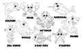 Black And White Cartoon Cute Marine Animal Characters. Dolphin, Crab, Octopus And Narwhal. Seahorse, Whale, Fish