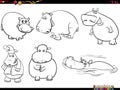 cartoon hippos animal characters set coloring page