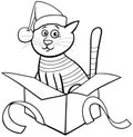 Cartoon cat in Christmas present box coloring page Royalty Free Stock Photo