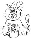 cartoon cat with gift on Christmas time coloring page Royalty Free Stock Photo