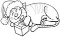 Cartoon cat with gift on Christmas time coloring page Royalty Free Stock Photo