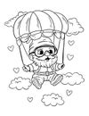 Black and White Cartoon Illustration of a Cute Little Christmas Elf Character Flying in a Hot Air Balloon. Royalty Free Stock Photo