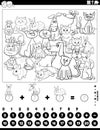 Counting and adding task with animals coloring page Royalty Free Stock Photo