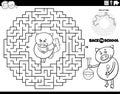 Maze with cartoon piglet going to school coloring page