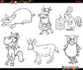 Cartoon farm animal characters set coloring book page Royalty Free Stock Photo