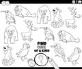 One of a kind game with cartoon animals coloring book page