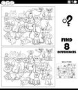 Differences game with cartoon dogs and cats and rabbits coloring page Royalty Free Stock Photo