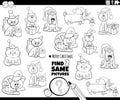 Find two same cartoon pets characters on Christmas coloring page Royalty Free Stock Photo