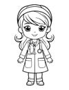 Black and white cartoon illustration of little girl in costume of doctor for Coloring Book