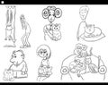 Cartoon pet owners with their cats comic set coloring page Royalty Free Stock Photo