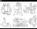 Cartoon pet owners with their dogs comic set coloring page Royalty Free Stock Photo