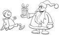 Cartoon Santa Claus giving a present to a boy coloring page Royalty Free Stock Photo