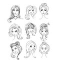 Black and White Cartoon Illustration of Women Characters Faces Royalty Free Stock Photo
